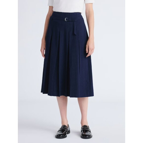 Free Assembly Women's Belted Pleated Pinstripe Midi Skirt, Size 8, Classic Fit - Picture 2 of 5